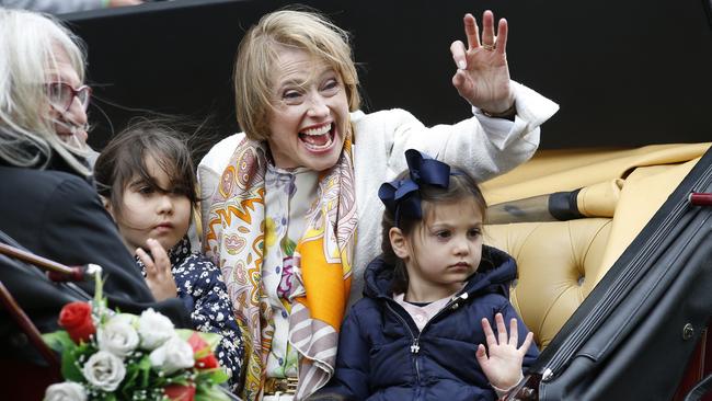 Gai Waterhouse waves to the crowd at the Melbourne Cup Parade. Picture: David Caird