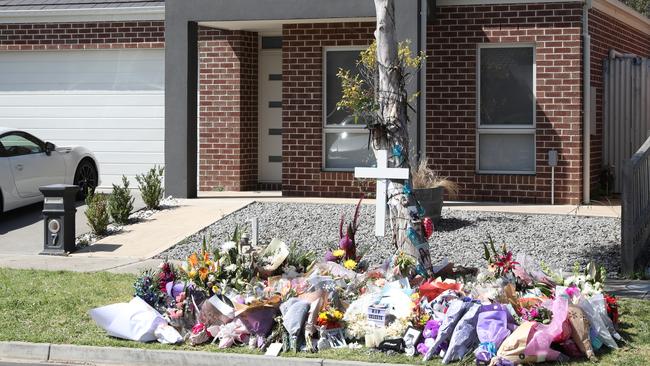 A flower tribute at the family house where Celeste Manno was killed. Picture: David Crosling