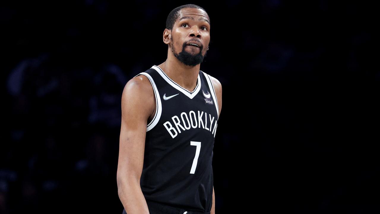 NEW YORK, NEW YORK - APRIL 23: Kevin Durant #7 of the Brooklyn Nets looks on against the Boston Celtics during Game Three of the Eastern Conference First Round NBA Playoffs at Barclays Center on April 23, 2022 in New York City. NOTE TO USER: User expressly acknowledges and agrees that, by downloading and or using this photograph, User is consenting to the terms and conditions of the Getty Images License Agreement. Al Bello/Getty Images/AFP.