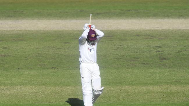 Matthew Renshaw reacts after losing his wicket during day three of the Round 4 JLT Sheffield Shield match between the New South Wales Blues and the Queensland Bulls. Picture: AAP Image