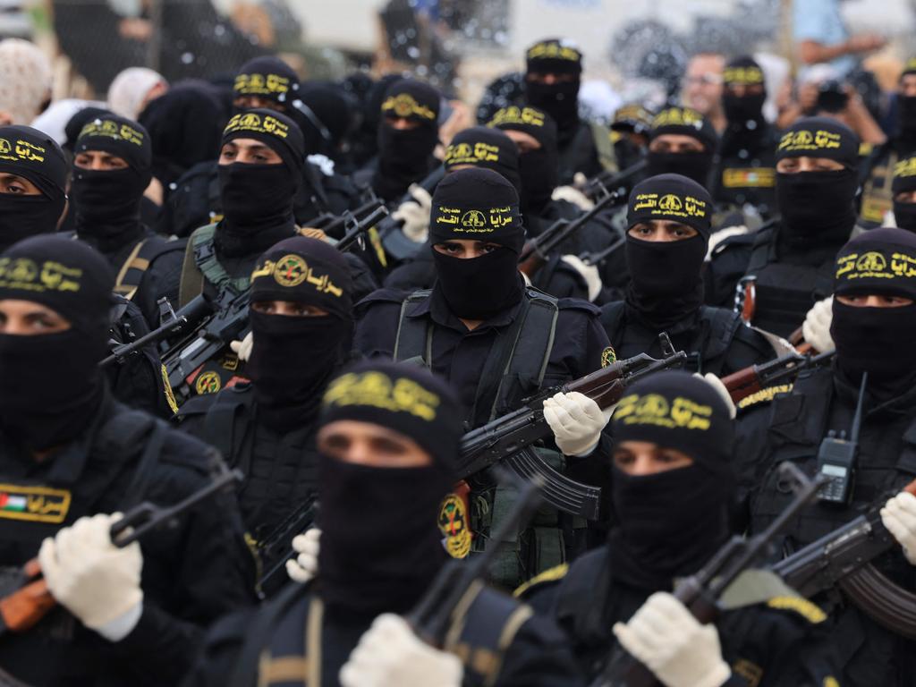 Palestinian militants of the Islamic Jihad movement participate in an anti-Israel military parade on October 4, 2023. Picture: MAHMUD HAMS / AFP