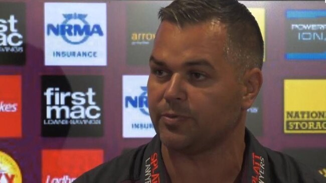 New Brisbane Broncos coach Anthony Seibold addresses the media.