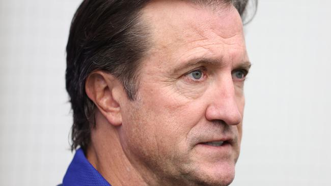 MELBOURNE, AUSTRALIA - MAY 16: Luke Beveridge, Senior Coach of the Bulldogs speaks to the mediaduring a Western Bulldogs AFL training session at Whitten Oval on May 16, 2024 in Melbourne, Australia. (Photo by Robert Cianflone/Getty Images)