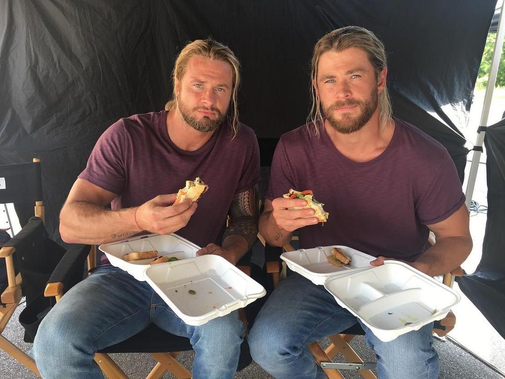 Holland Hanton with Hemsworth on set. Picture: Bobby Holland Hanton