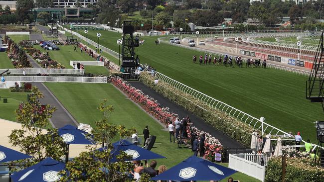 The Melbourne Cup field thunders down the Flemington straight in front of empty lawns and grandstands. Picture: Alex Coppel