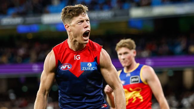 MELBOURNE, AUSTRALIA - JULY 14: Jake Melksham of the Demons celebrates a goal during the 2023 AFL Round 18 match between the Melbourne Demons and the Brisbane Lions at the Melbourne Cricket Ground on July 14, 2023 in Melbourne, Australia. (Photo by Dylan Burns/AFL Photos via Getty Images)