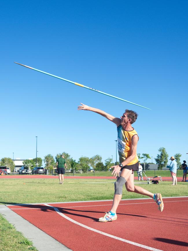 Birthday boy, Justin Rule sends his Javelin in the Masters division. Mackay Athletics Summer Series. November 20th, 2021. Picture: Marty Strecker