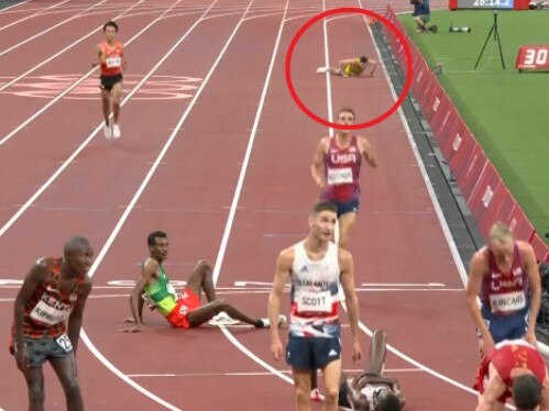 Patrick Tiernan was left sprawled on the track but still crossed the line.