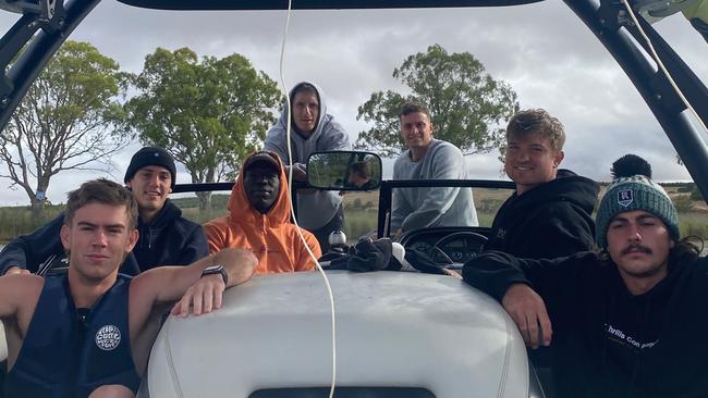 Footballers visit Tom Jonas’s SA holiday spot at Bowhill on the River Murray. Picture:Supplied