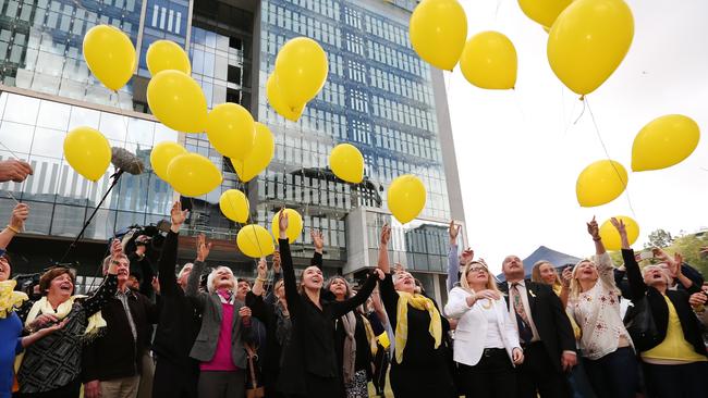 Family and friends of Allison Baden-Clay outside the Brisbane Supreme Court today last year after Gerard Baden-Clay was found guilty of her murder. Picture: Jack Tran