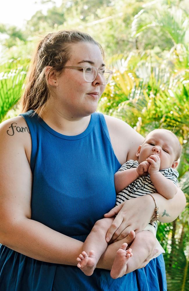 Jaymie Jenkins, 27 with baby Mason, 2 months. Picture: William Debois