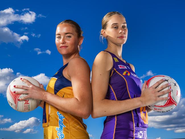 Sunshine Coast Lightning player Reilley Batcheldor and Queensland Firebirds Isabelle Shearer gear up for the Queensland Cup.Picture: Nigel Hallett