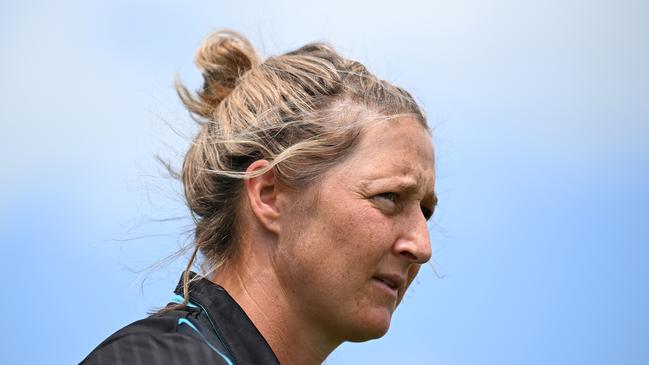 MACKAY, AUSTRALIA - SEPTEMBER 18: Sophie Devine, captain of New Zealand, speaks to the media during a women's T20 International media opportunity at Great Barrier Reef Arena on September 18, 2024 in Mackay, Australia. (Photo by Albert Perez/Getty Images)