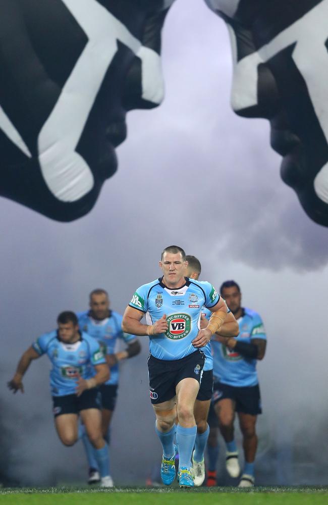 Last stand: Paul Gallen leads the Blues on to ANZ Stadium for Game I this year. Picture: Cameron Spencer/Getty