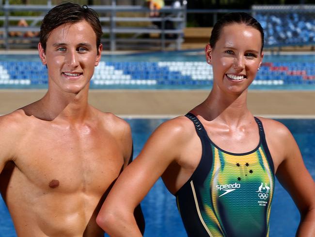 Swimmers Bronte Barratt, Jake Packard, Cameron McEvoy and Emma McKeon at the launch of the Olympic swimming uniforms for Rio. Pics Adam Head