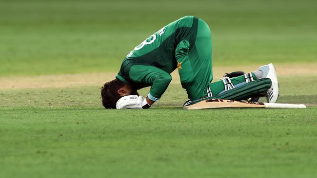 Pakistani cricketer Haris Sohail celebrates his century. Picture: Mahmoud Khaled/AFP