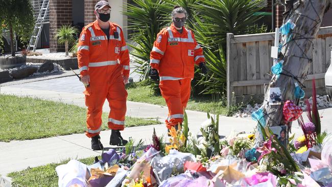 A flower tribute outside Ms Manno’s house. Picture: David Crosling