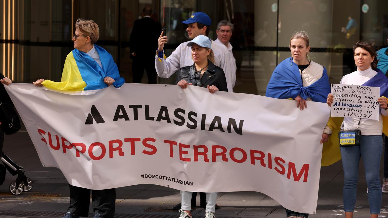 Protesters call for Australians to boycott the Australian software company. Picture: NCA NewsWire / Damian Shaw