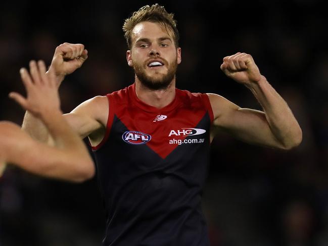 AFL Round 13. Western Bulldogs vs. Melbourne at Etihad Stadium. Melbourne's Jack Watts celebrates the goal of Tomas Bugg   . Pic: Michael Klein