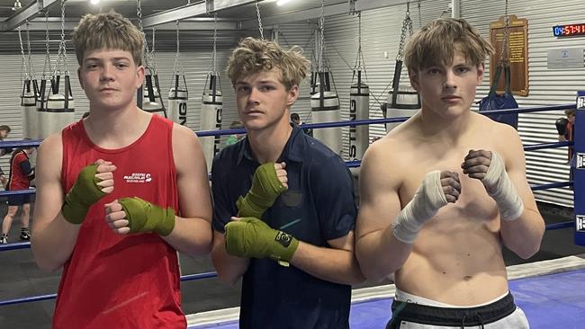 Landon Moore, 17, Kye Lawler, 17 and Charlie Box, 15 at Warwick Boxing Club. July 26, 2024. (Photo: NRM)