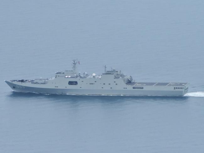 A PLA-N Yuzhao-class amphibious transport dock vessel enters the Torres Strait on 18 February 2022. *** Local Caption *** Defence can confirm that on 17 February 2022, a P-8A Poseidon detected a laser illuminating the aircraft from a Peopleâs Liberation Army â Navy (PLA-N) vessel. Illumination of the aircraft by the Chinese vessel is a serious safety incident as acts like this have the potential to endanger lives. The action is strongly condemned as being unprofessional and unsafe military conduct. The vessel, in company with another PLA-N ship, was sailing east through the Arafura Sea at the time of the incident. Both ships have since transited through the Torres Strait and are heading into the Coral Sea.