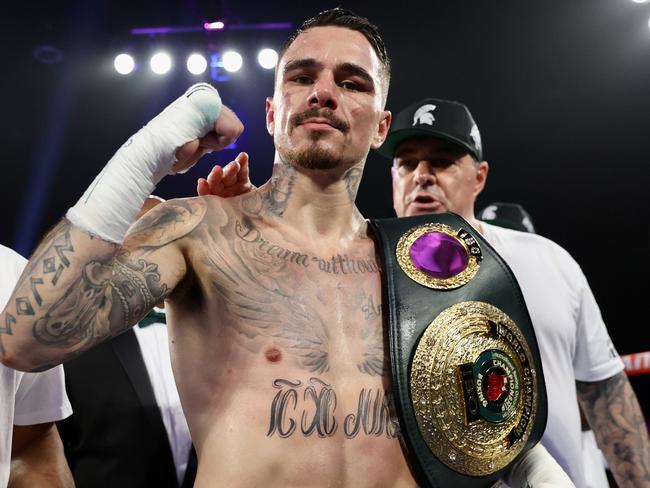 SHAWNEE, OKLAHOMA - JULY 22: George Kambosos Jr celebrates after defeating Maxi Hughes, during their lightweight fight at FireLake Arena on July 22, 2023 in Shawnee, Oklahoma. (Photo by Mikey Williams/Top Rank Inc via Getty Images)