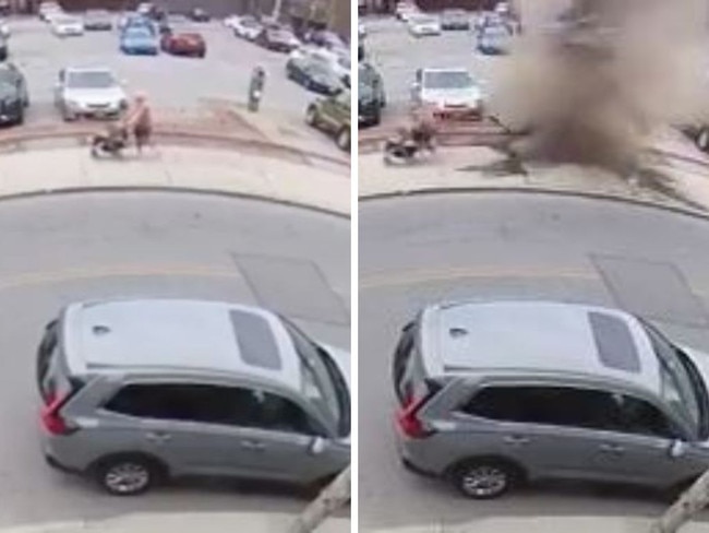 Shocking footage captured the horrifying moment a manhole explosion nearly hit a grandmother and her two grandkids in Poughkeepsie.