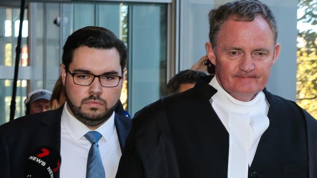Bruce Lehrmann (left) leaves Federal Court in Sydney after Justice Michael Lee handed down his judgment, which concluded Mr Lehrmann raped Brittany Higgins. Picture: NCA Newswire / Gaye Gerard