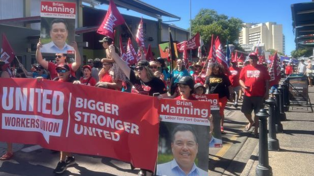 Activists and workers descended on Darwin City on Labour Day. Picture: Harry Brill.