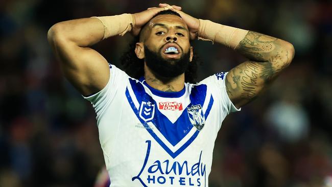 NEWCASTLE, AUSTRALIA - AUGUST 13: A dejected Josh Addo-Carr of the Bulldogs during the round 24 NRL match between Newcastle Knights and Canterbury Bulldogs at McDonald Jones Stadium on August 13, 2023 in Newcastle, Australia. (Photo by Jenny Evans/Getty Images)