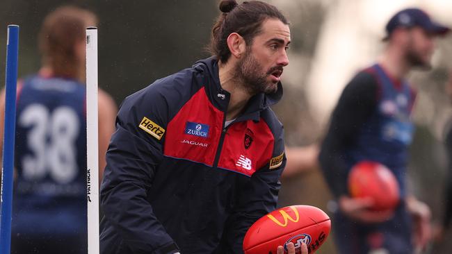MELBOURNE, AUSTRALIA - JUNE 29: Brodie Grundy of the Demons controls the ball during a Melbourne Demons AFL training session at Casey Fields on June 29, 2023 in Melbourne, Australia. (Photo by Robert Cianflone/Getty Images)