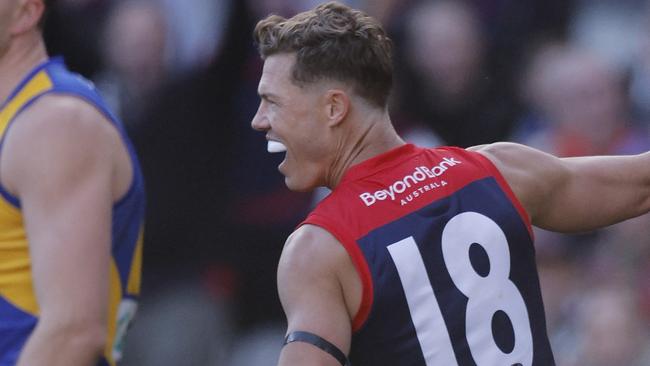 NCA . MELBOURNE, AUSTRALIAÃ July 7 , 2024.  AFL Round 17. Melbourne vs West Coast Eagles at the MCG.    Jake Melksham of the Demons celebrates a 3rd quarter goal    . Pic: Michael Klein