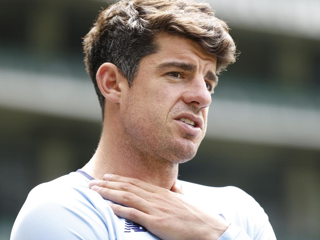 NSW captain Moises Henriques of New South Wales speaks to the media after the Sheffield Shield match against Victoria at the MCG. Picture: Darrian Traynor/Getty Images