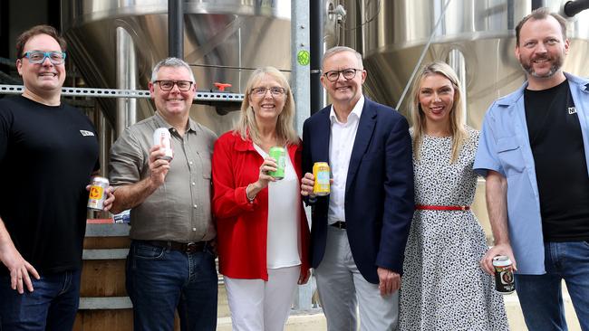 Labor leader Anthony Albanese visited the flood-affected Newstead Brewing Co in Brisbane during the federal election campaign. Picture: Toby Zerna