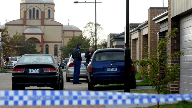 Police at the scene of the triple shooting in Church Rd, Keysborough. Picture: Nicole Garmston