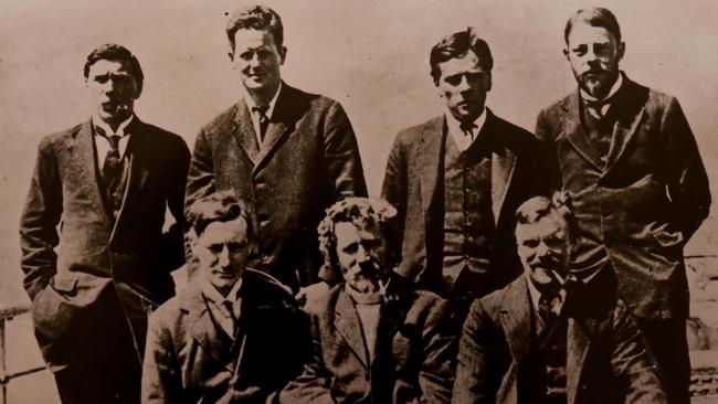 Members of the Imperial Trans-Antarctic Expedition (1914-1917) Ross Sea Party on arrival at Wellington, February 1917. Back Row. From Left: Dick Richards, Irvine Owen Gaze, Keith Jack, John Cope. Front Row From Left: Alexander Stevens, Ernest Joyce and Ernest Wild Picture: R.W. Richards Collection, Canterbury Museum.