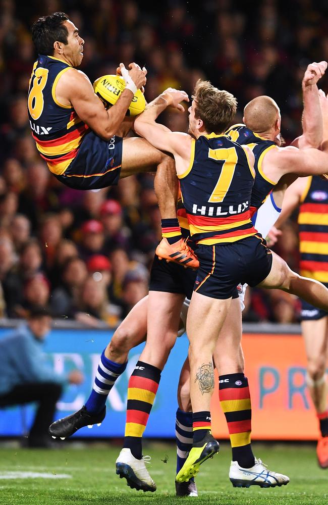 Eddie Betts takes a screamer in the dying seconds against North Melbourne on Sunday. Picture: Mark Brake/Getty Images