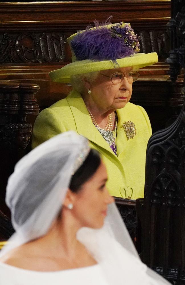 The Queen looks on during Meghan Markle’s wedding to Prince Harry. Picture: AFP