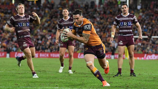 Darius Boyd’s eyes light up as he goes in for the try. Picture: AAP Image/Dave Hunt