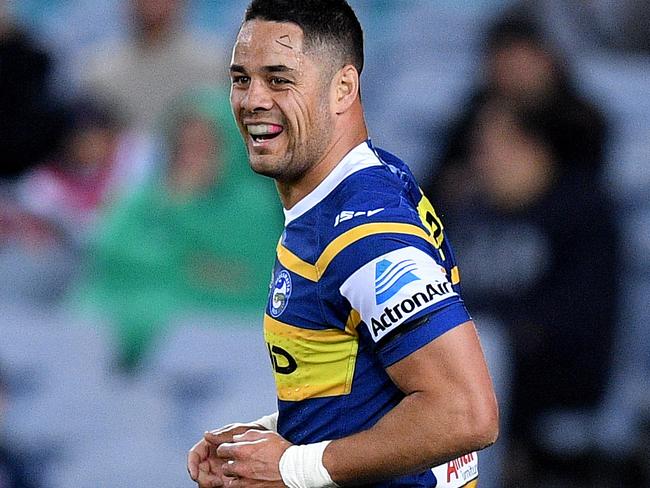 Jarryd Hayne in his days with the Eels after scoring a try in 2018. Picture: Dan Himbrechts