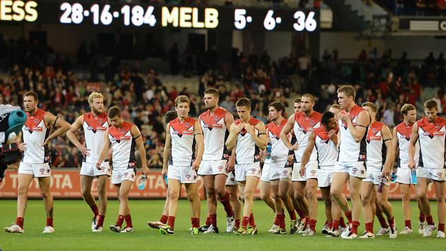 Melbourne players after their huge loss to Essendon in 2013.