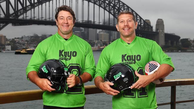 Nathan Hindmarsh and Bryan Fletcher announce ‘The Kayo Green Card’. Photo: Kayo Sports / Brett Costello.