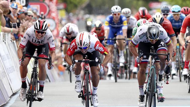 CYCLING - Tour Down Under - Stage 5 - Glenelg to Strathalbyn. Sprint finish - eventual winner after protesst - Jasper Philipsen (far left) with Caleb Ewan (centre) . Picture SARAH REED