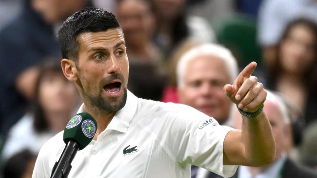 Novak Djokovic fires up at the crowd on Centre Court on day eight of The Championships Wimbledon 2024. (Photo by Mike Hewitt/Getty Images)