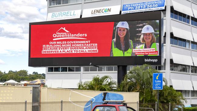 The billboard with the images of Housing Minister Meaghan Scanlon (left) and Ipswich MP Jennifer Howard. Picture: Richard Walker