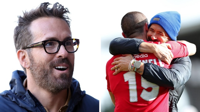 Ryan Reynolds, owner of Wrexham, celebrates after the victory in the Vanarama National League match. Picture: Getty Images