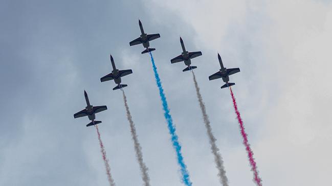 Five Taiwanese AT-3 Advanced Jet trainers fly by Taipei on Taiwan's National Day on October 10.