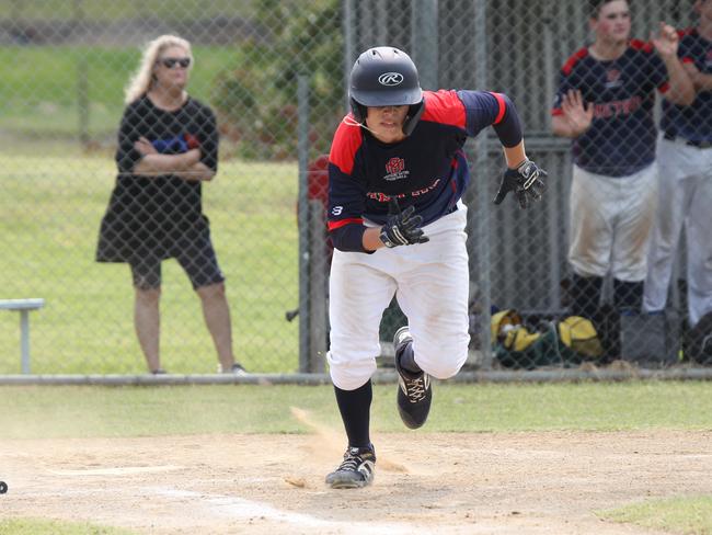 Under-16 Baseball final held at The Twin City Baseball club at Tallebudgera Between Gold Coast and Brisbane. Gold Coast Mariners player runs the diamond. Picture: Mike Batterham.