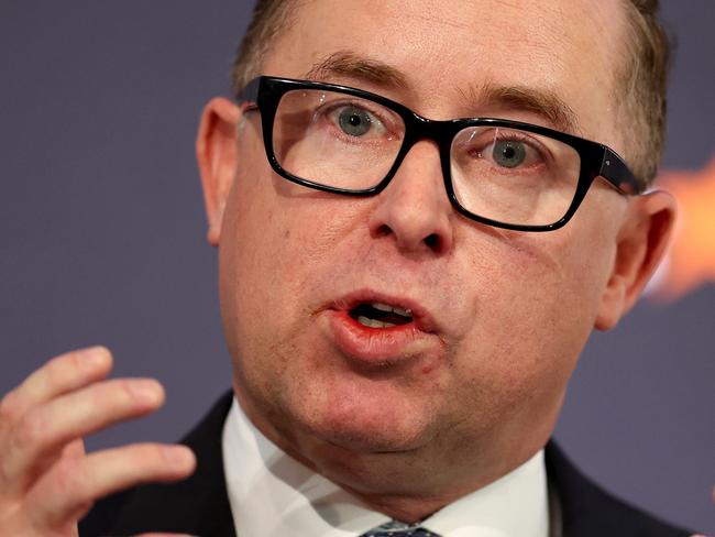 Alan Joyce, chief executive officer of Qantas Airways Ltd., speaks during a news conference in Sydney, Australia, on Thursday, Aug. 25, 2022. Qantas said travel has roared back, allowing it to cut debt and buy back shares, even as Australias flag airline posted its third consecutive annual loss. Photographer: Brendon Thorne/Bloomberg via Getty Images