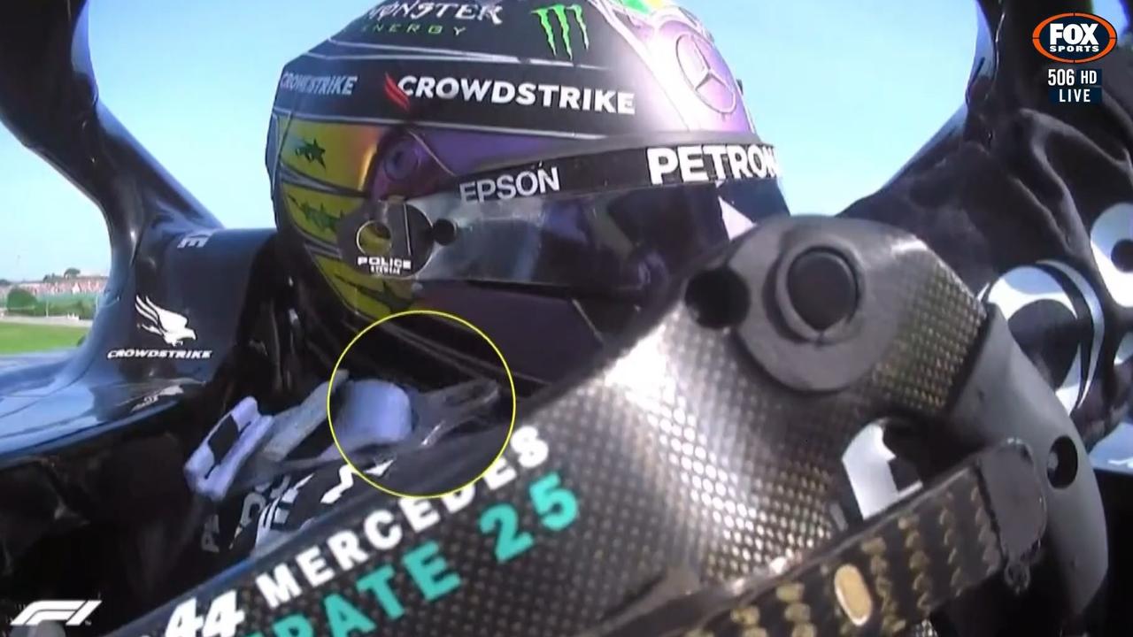 Lewis Hamilton appeared to unclip one of his safety restraints. Photo: Kayo, Fox Sports.